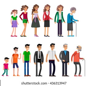 Detailed characters people isolated on white background. Generations woman and men. All age categories - infancy, childhood, adolescence, youth, maturity, old age. Stages of development