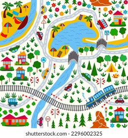 Mapa detallado de la ciudad para niños. Autos, autobuses y trenes, casas y carreteras, ríos, bosques y ciudades sin fisuras en el patrón infantil.