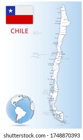 Detailed Chile administrative map with country flag and location on a blue globe. Vector illustration