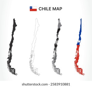 Detailed Chile Map Collection with Outline, Silhouette, Regions, and Flag Overlay Variations