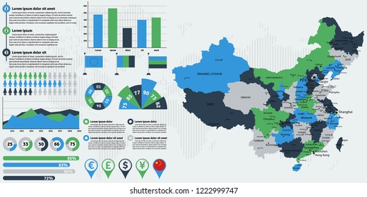 Detailed China map with infographic elements. Vector illustration.