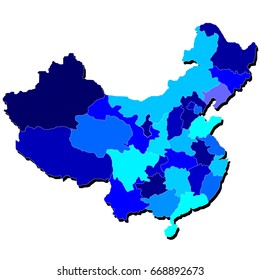 Detailed China Map Outline in Shades of Blue Isolated on White. 3D Vector Illustration