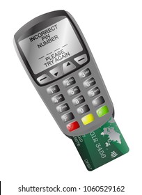 A detailed chip and pin machine with text and a card isolated on a white background