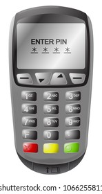 A detailed chip and pin machine with text isolated on a white background