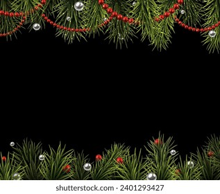 Detailed Christmas frame isolated on black, composed of fresh fir branches and ornaments in red and silver. Vector illustration