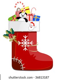 Detailed Christmas shoe with gifts, decoration and Santa Claus.