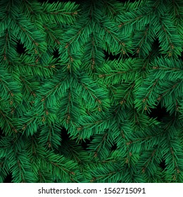 Detailed Christmas tree branches background. Realistic vector pine illustration