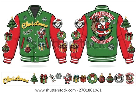 A detailed Christmas varsity jacket design vector template featuring festive patches like Santa Claus and reindeer on a red and green body perfect for apparel print mockups.