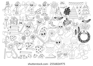 A detailed Christmas-themed coloring page featuring Santa Claus, elves, snowmen, holiday decorations, and festive items.