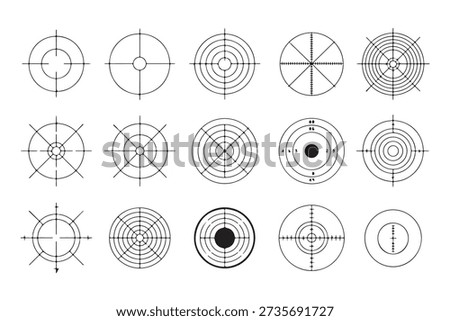 Detailed circular diagrams showing complex radial grids plus aiming points for scientific weapon calibration