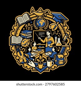 A detailed circular illustration showcasing a teacher instructing students surrounded by icons of science art music and literature in a vintage badge style.
