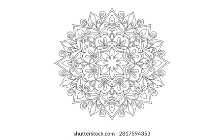 Detailed circular mandala outline designed for coloring book page or ethnic decoration on a white background.