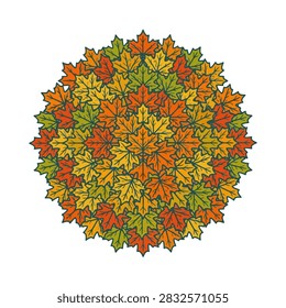 A detailed circular mandala pattern created from many small autumn maple leaves in various colors