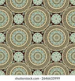 Um padrão detalhado, circular mandala com intrincados desenhos florais em tons terrosos, adequado para têxteis ou papel de parede.