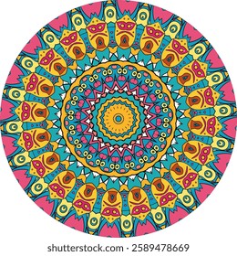 A detailed circular mandala pattern, rich in colors and intricate, ethnic-inspired designs.