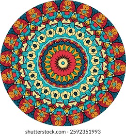 A detailed circular mandala pattern, rich in colors and intricate, ethnic-inspired designs.