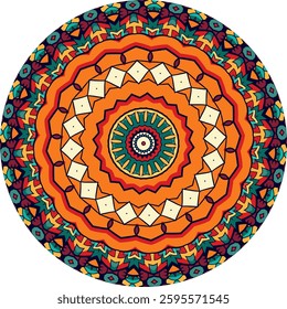 A detailed circular mandala pattern, rich in colors and intricate, ethnic-inspired designs.