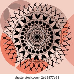 Detailed circular mandala vector with black ornamental patterns and radial symmetry, displayed on a soft abstract background for decorative design