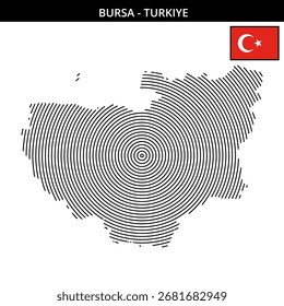 Detailed circular outline map of Bursa with flag
