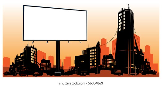 detailed city skyline with billboard