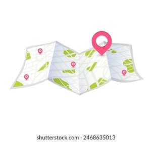 Detailed city street map with different locations. Search place on paper map with an intended goal point and multiple markers. Gps navigation and travel location. Vector illustration