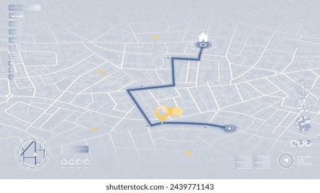 Detailed city street map with various points of interest. GPS tracking system to navigate and find way around the city landmarks, directions to different locations. Vector illustration