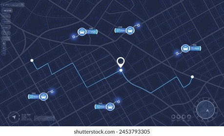 Mapa detallado de la ciudad con varios puntos de interés. Sistema de seguimiento GPS para navegar y encontrar el camino alrededor de los Lugares famosos de la ciudad, direcciones a diferentes lugares. Ilustración vectorial