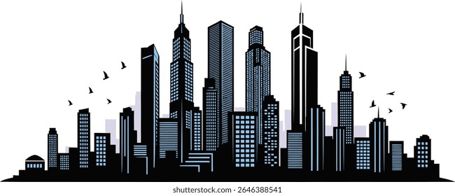  Detailed Cityscape Silhouette Featuring Towering Skyscrapers and Flying Birds Against a Plain White Sky Artistic Urban Illustration