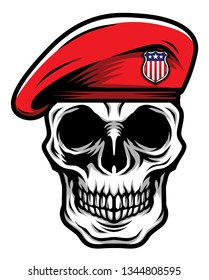 Detailed Classic Skull Head Wearing Red Military Army Beret Illustration