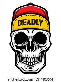 Detailed Classic Skull Head Wearing a Skate Trucker Hat Illustration