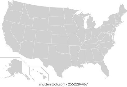 Um mapa em branco detalhado e claro dos Estados Unidos da América, excluindo especificamente quaisquer territórios ou regiões fora do continente, como Porto Rico e Guam. Esta ilustração vetorial apresenta 