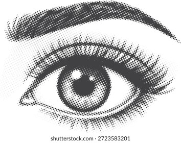 Close detalhado de um lindo olho humano com rímel e sobrancelha expressiva, renderizado usando a técnica de pontos de meio-tom, conceito de percepção visual.