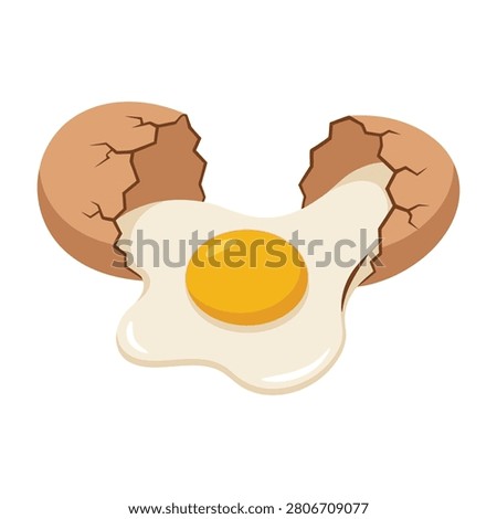 A detailed close up of a freshly cracked brown egg with a bright yellow yolk and translucent white spilling out of the broken shell, isolated on white background.