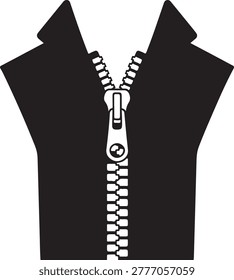 A detailed close-up of a black jacket featuring a fully unzipped zipper in a sleek design.