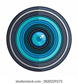 Detailed close-up of a camera lens showcasing concentric circles, reflections, and vibrant blue hues, emphasizing photography equipment and technology.