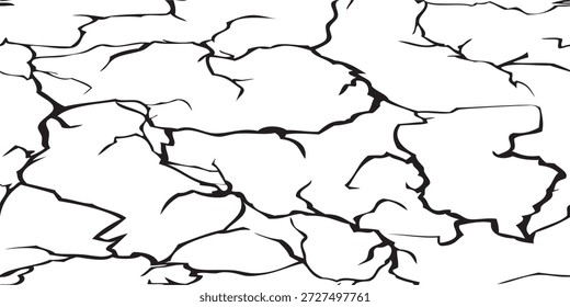 Um close-up detalhado de uma superfície rachada, mostrando uma rede de linhas pretas finas contra um fundo branco imaculado, criando um contraste impressionante e um padrão abstrato.