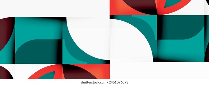 A detailed closeup shot of an artful geometric pattern featuring rectangles, lines, circles, and tints of red and electric blue on a clean white background