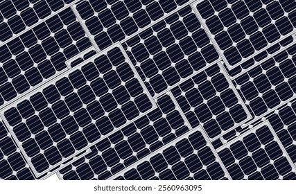 A detailed close-up of solar panels arranged in a grid pattern, showcasing blue photovoltaic cells and white framing. Modern renewable energy concept for sustainability projects.