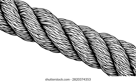 Detailed close-up of a thick, braided rope, showcasing its texture and strength. Isolated on a white background.