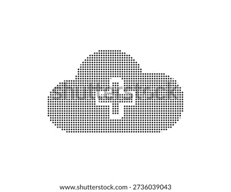 Detailed cloud icon with plus symbol created using tiny dots, giving a dotted effect on a clean white background