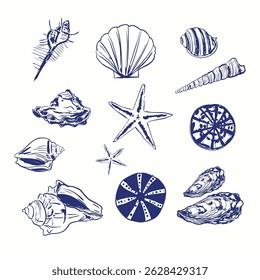 Conjunto detalhado de arte de linha de conchas costeiras e estrelas-do-mar. Excelente para designs de marca, papelaria, arte de parede ou verão. Ideal para criadores, decoradores e designers de produtos.