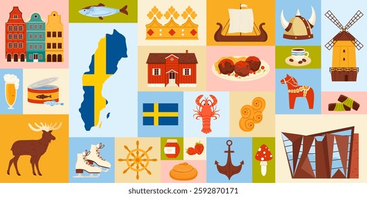 A detailed collage capturing Sweden culture, landmarks, and traditions. Features the Swedish flag, traditional food, Viking heritage, Dala horse, and iconic landmarks, vector illustration.