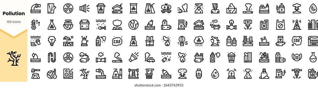 A detailed collection of 100 icons representing various aspects of pollution, including industrial, environmental, and chemical hazards in a minimalist design.