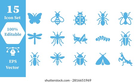 Detailed collection of 15 insect and bug icons with entomology, wildlife