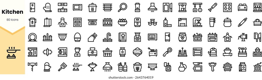Uma coleção detalhada de 80 ícones de cozinha, mostrando vários aparelhos e utensílios de cozinha em um design minimalista de linha preta em um fundo claro.