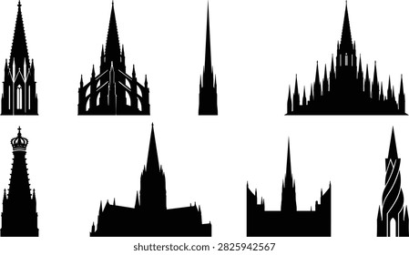 A detailed collection of black gothic spire, steeple, and cathedral tower silhouettes ideal for architectural branding, historical graphics, and medieval design.