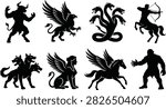 A detailed collection of black vector silhouettes featuring mythical beasts and creatures from Greek mythology, including a minotaur, griffin, hydra, centaur archer, cerberus, sphinx, pegasus, and ogre giant. Ideal for gaming assets, heraldry emblems, tattoos, t-shirt prints, stickers, and fantasy graphic designs.