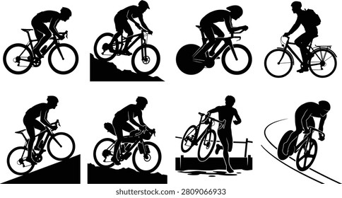 A detailed collection of black vector silhouettes showcasing various cycling disciplines, athletic races, and bicycle recreation on a white background. This versatile icon set features symbols for road racing, mountain biking, triathlon time trials, city commuting, uphill climbing, gravel bikepacking, cyclocross racing, and track cycling.