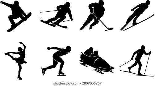 A detailed collection of black vector silhouettes illustrating various winter sports and seasonal competitive games on a clean white background. This versatile icon set features symbols for snowboarding, downhill skiing, ice hockey, ski jumping, figure skating, speed skating, bobsleigh, and cross-country skiing.