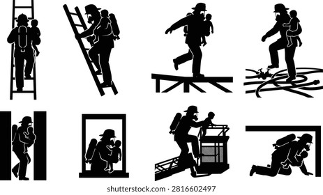 A detailed collection of black vector silhouettes featuring firefighters carrying and saving a child using ladders, hoses, and rescue gear on a white background.